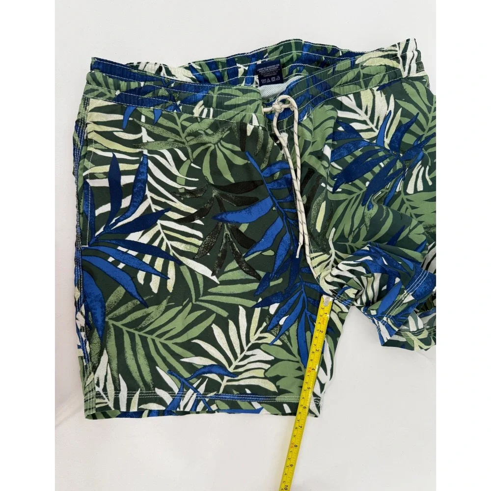 Caribbean Joe Mens Green Blue Palm Leaf Tropical Swim Trunks Mesh Lined Sz M